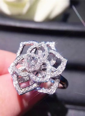 铜合金锆石戒指 微镶满钻镂空花朵指环镶嵌心形玫瑰花戒指不掉色