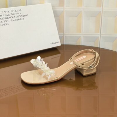 3121/5CM牛皮清仓撤柜断码处理带跟凉鞋仙女风时尚方头法式女水钻