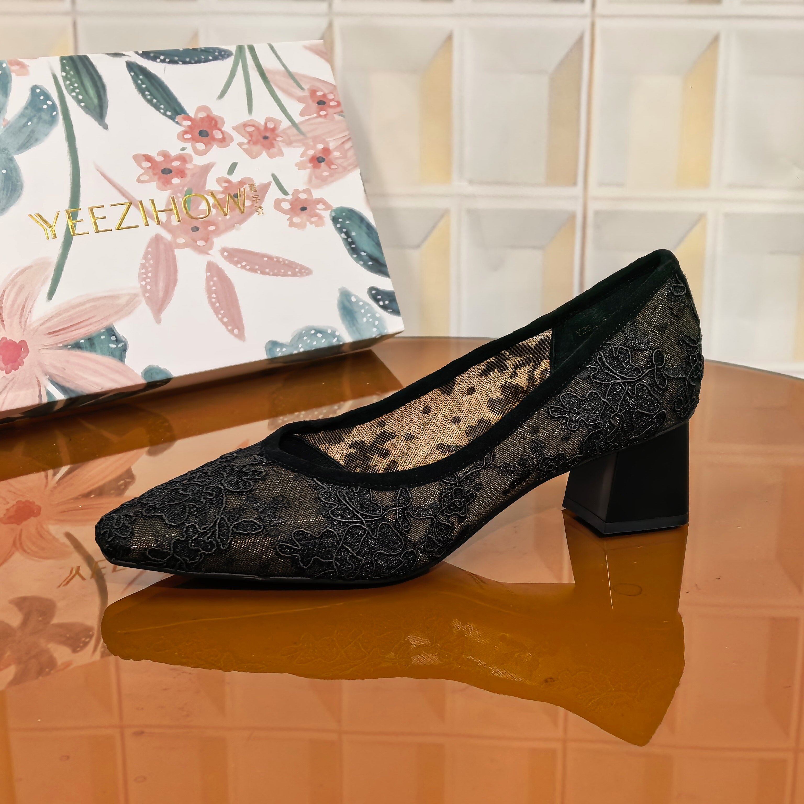 5102/3CM羊京皮纹平底鞋透气蕾丝高跟春夏季单鞋网面女鞋鞋子浅口