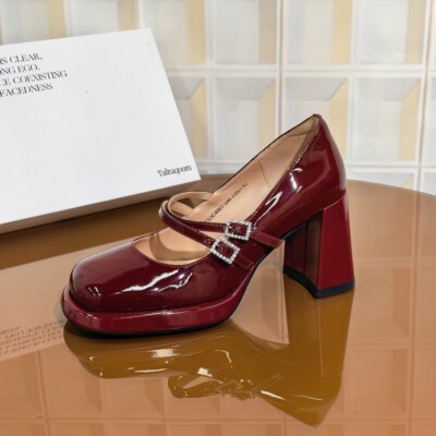 8907/7CM牛皮清仓撤柜断码处理防水一字式扣带方根高跟鞋皮鞋复古