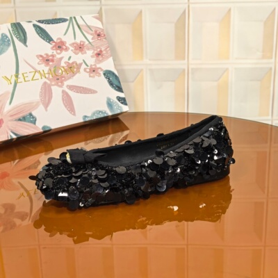 2221黑色/2CM清仓撤柜断码处理亮片流苏轻奢优雅蝴蝶单鞋跟平底鞋