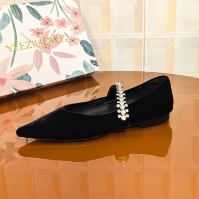 8041/2CM丝绒单鞋断码撤柜清仓处理低跟水钻粘胶鞋薄款尖头乐福鞋