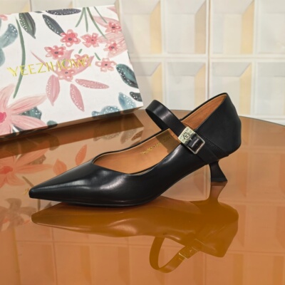 6667/3CM胎牛皮清仓撤柜断码处理气质修面皮黑色春季粗跟浅口薄款