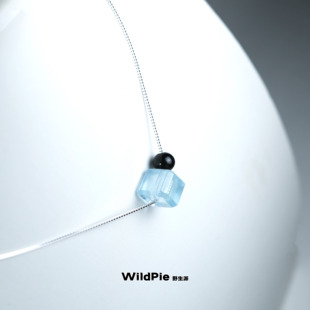 天然水晶海蓝宝黑曜石吊坠项链蓝色方糖锁骨链银女小众五行补水