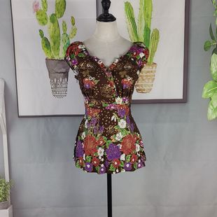 V领套头上衣手工钉珠衬衣泰国尼泊尔亮片女装包肩袖短袖花朵超美