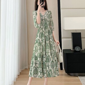 绿色中袖雪纺碎花连衣裙女夏季2025新款v领收腰气质显瘦a字裙子女