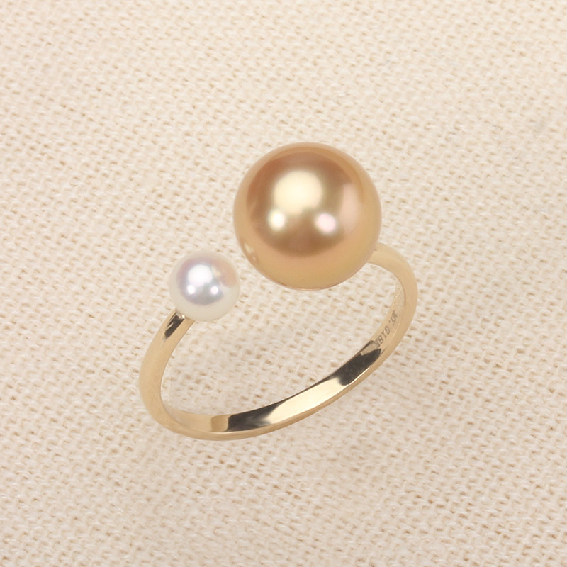 18K金海水珍珠戒指 开口可调节珍珠戒指天然正品女款送妈妈茶金色
