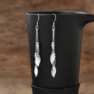 999纯银耳环女长款 网红耳钩耳饰品 流苏双叶飘絮耳坠日韩新潮时尚