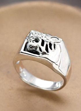 纯银男士戒指999足银方形玛瑙镶嵌男戒龙虎个性霸气中食指潮开口