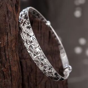 999纯银手镯 足银镯子开口推拉式银手镯银手环银饰满天星手镯