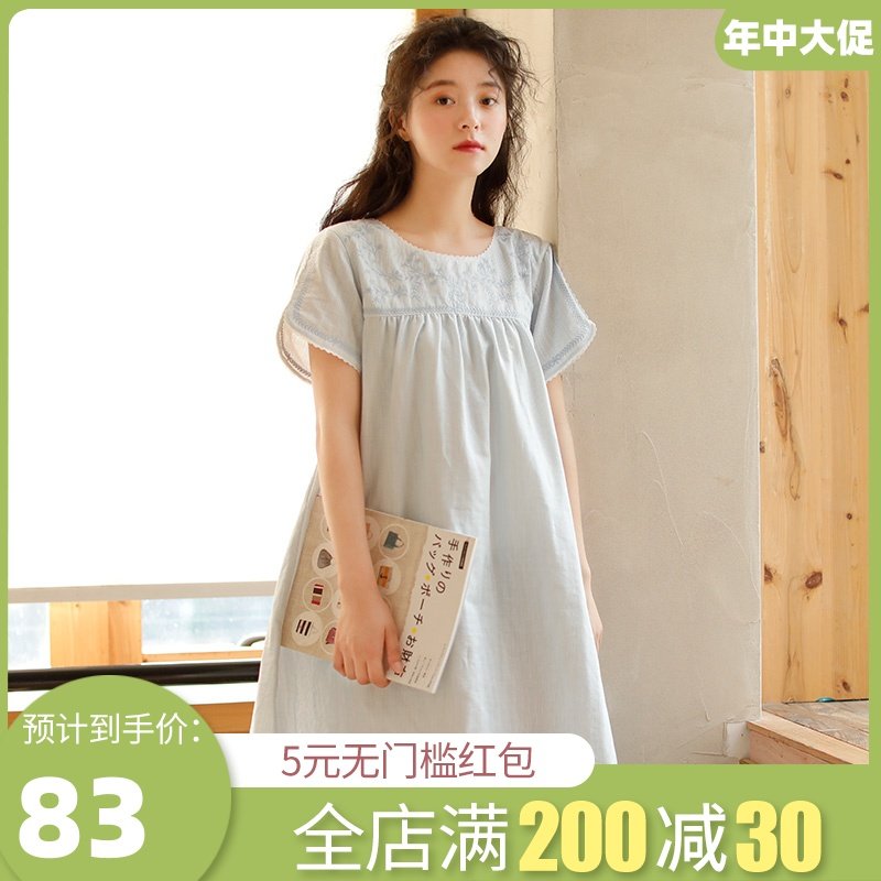 3睡裙女夏季短袖薄款纯棉纱布甜美宫廷风日系清新可外穿家居服裙子