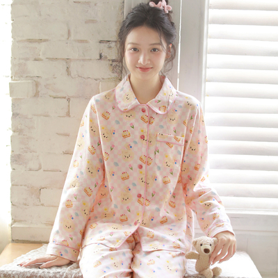 秋冬新款睡衣女士纯棉磨毛绒布长袖套装可爱卡通全棉可外穿家居服