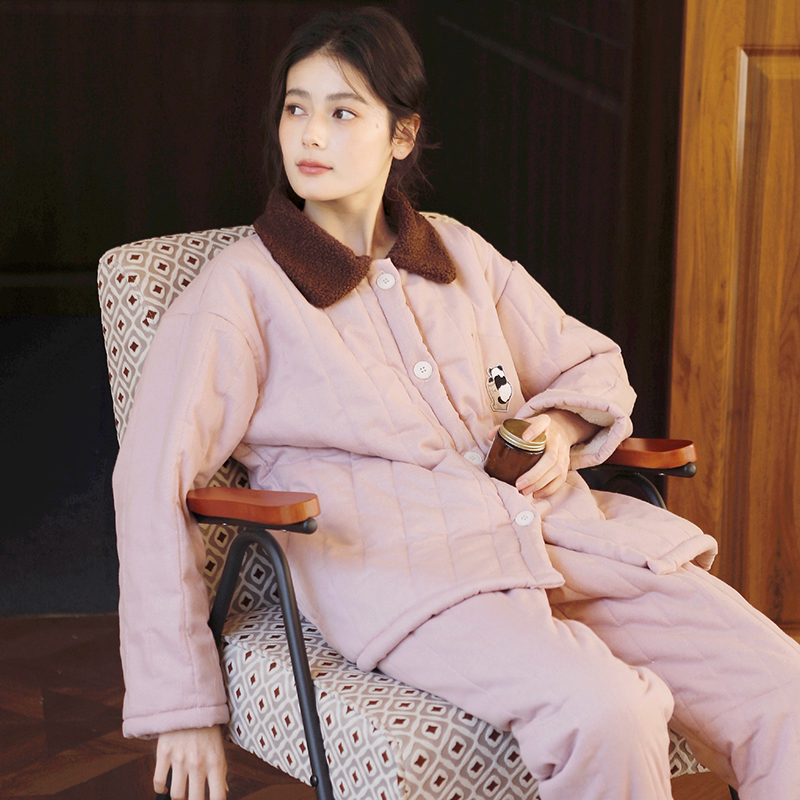 冬款三层夹棉情侣睡衣加厚保暖男女棉袄大码宽松可外穿家居服套装