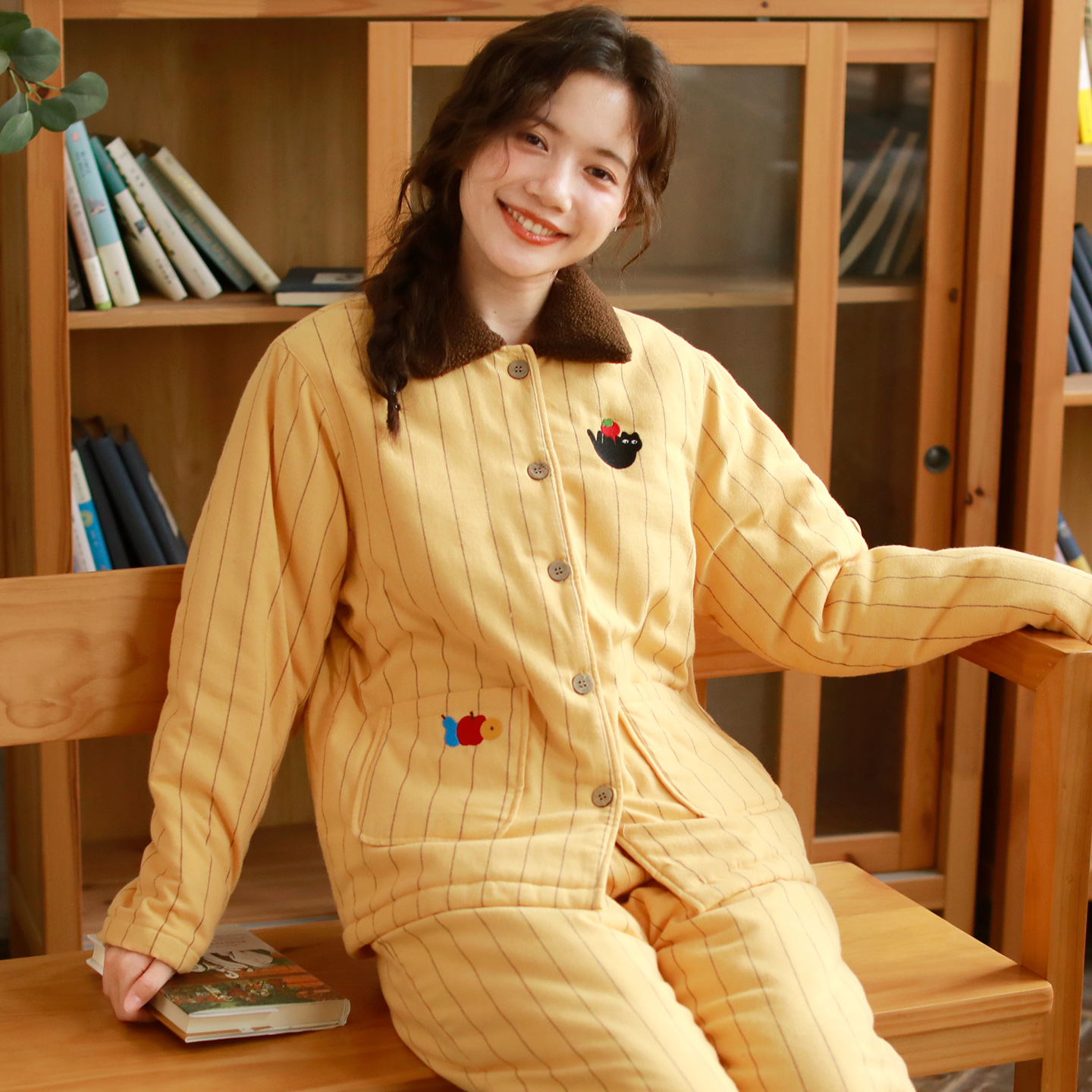 『眠岛』冬季情侣睡衣纯棉双层纱超厚保暖三层夹棉棉袄男女家居服