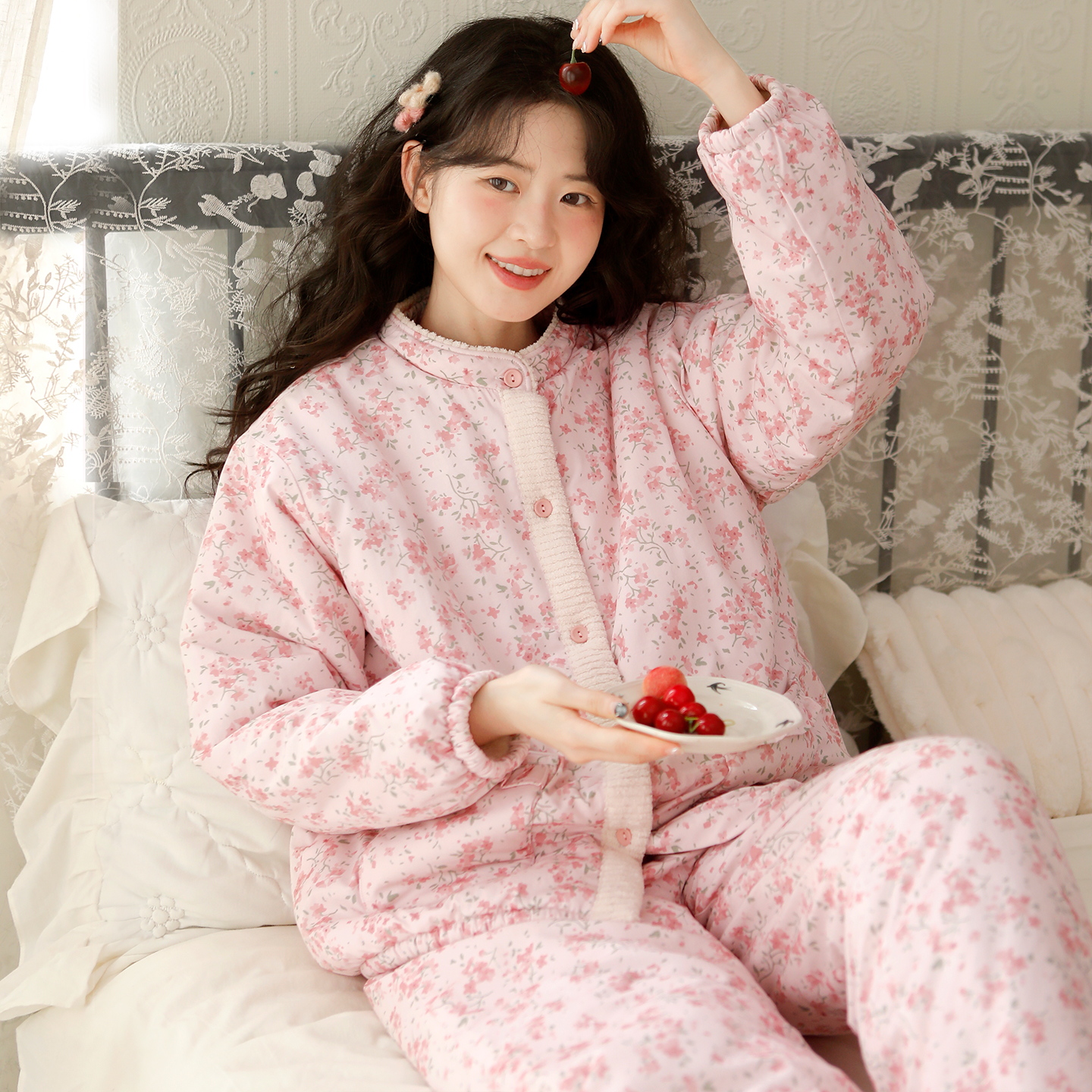 『眠岛』冬季睡衣女超厚保暖三层夹棉棉袄睡袍甜美可外穿居服套装