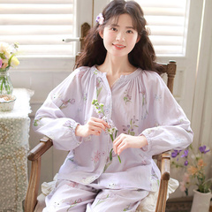 『眠岛』纯棉睡衣女春秋棉纱带胸垫长袖套装甜美可外穿薄款家居服