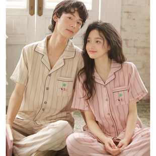 長(zhǎng)褲 條紋套裝 新款 男女款 可外穿家居服 純棉紗布短袖 情侶睡衣夏季