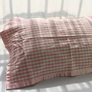 80cm有绑带 苎麻天丝枕巾1条 微微瑕粉格子干爽抑菌枕头盖布