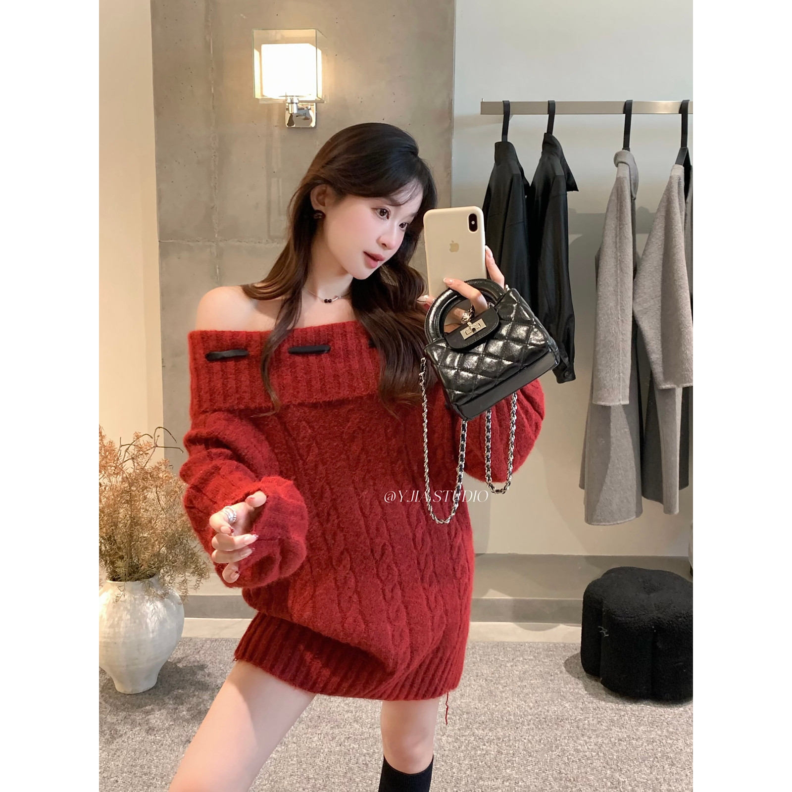 Y.JIA 伊嘉韩系宽松慵懒风气质绑带设计感一字肩针织衫女秋冬毛衣
