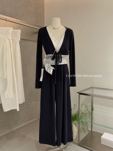 三件套 宽松阔腿裤 Y.JIA伊嘉韩系纯欲风v领绑带上衣 蕾丝吊带背心