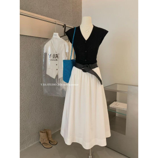 高腰显瘦大摆a字半身裙套装 Y.JIA 伊嘉韩系设计感捏褶V领针织衫