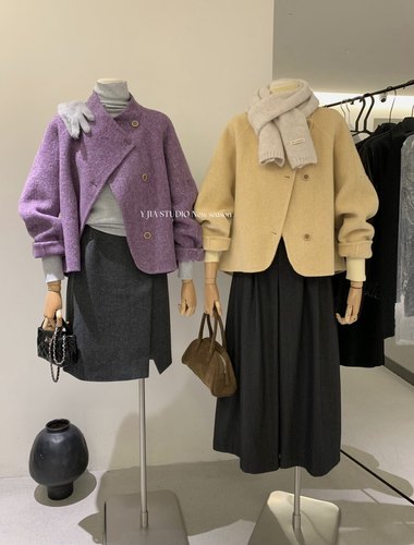 Y.JIA 伊嘉韩系高级感立领气质双面羊毛大衣女秋冬百搭斜扣短外套