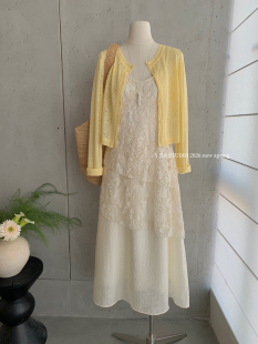 套装 镂空设计感针织开衫 伊嘉温柔风气质V领蕾丝吊带连衣裙 Y.JIA