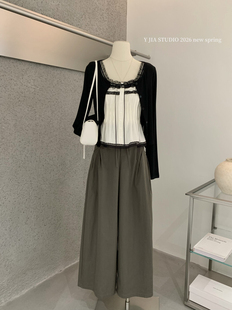 套装 Y.JIA 显瘦休闲裤 蕾丝拼接褶皱背心 女 伊嘉韩系防晒针织开衫