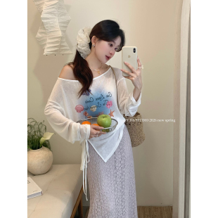 肌理感半身裙套装 微透斜肩T恤防晒罩衫 伊嘉韩系纯欲风薄款 Y.JIA