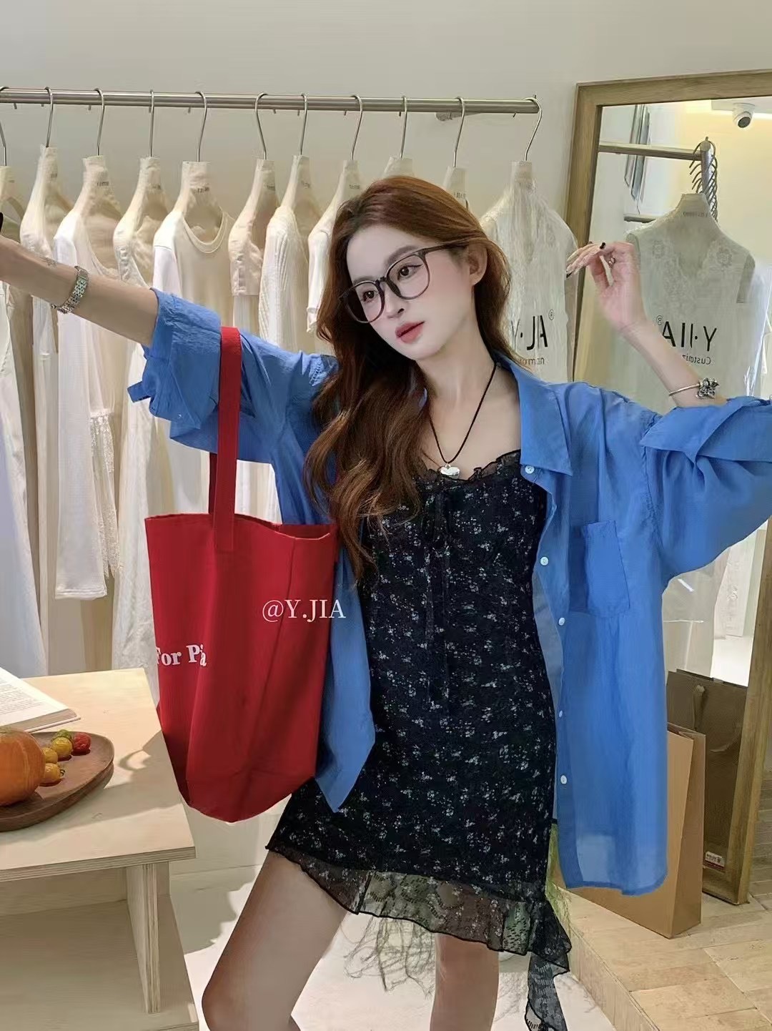 Y.JIA伊嘉夏季克莱因蓝防晒衬衫+收腰显瘦不规则碎花连衣裙套装女
