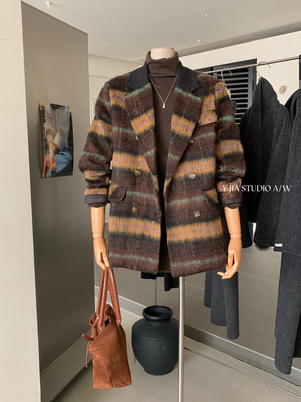 Y.JIA 伊嘉冬日复古经典款格纹夹棉加厚西装女韩系高级感宽松外套