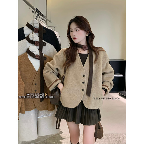 Y.JIA伊嘉韩系设计感小众可拆卸飘带V领双面羊毛呢大大衣短外套女