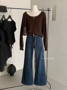 阔腿牛仔裤 Y.JIA 复古做旧水洗高腰显瘦微喇裤 美式 伊嘉2025年秋季