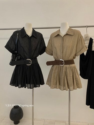 Y.JIA 伊嘉老钱风透气麻料宽松显瘦衬衫连衣裙女夏季随性洋气短裙