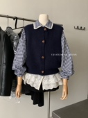 Y.JIA伊嘉韩系复古叠穿花边拼接娃娃领格纹衬衫 针织马甲绝美套装