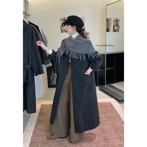 Y.JIA伊嘉设计感流苏大披肩+复古气质圆领宽松长款羊毛大衣外套潮