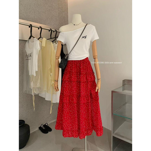 复古开叉波点高腰半身裙套装 T恤 潮 伊嘉设计感斜肩休闲修身 Y.JIA