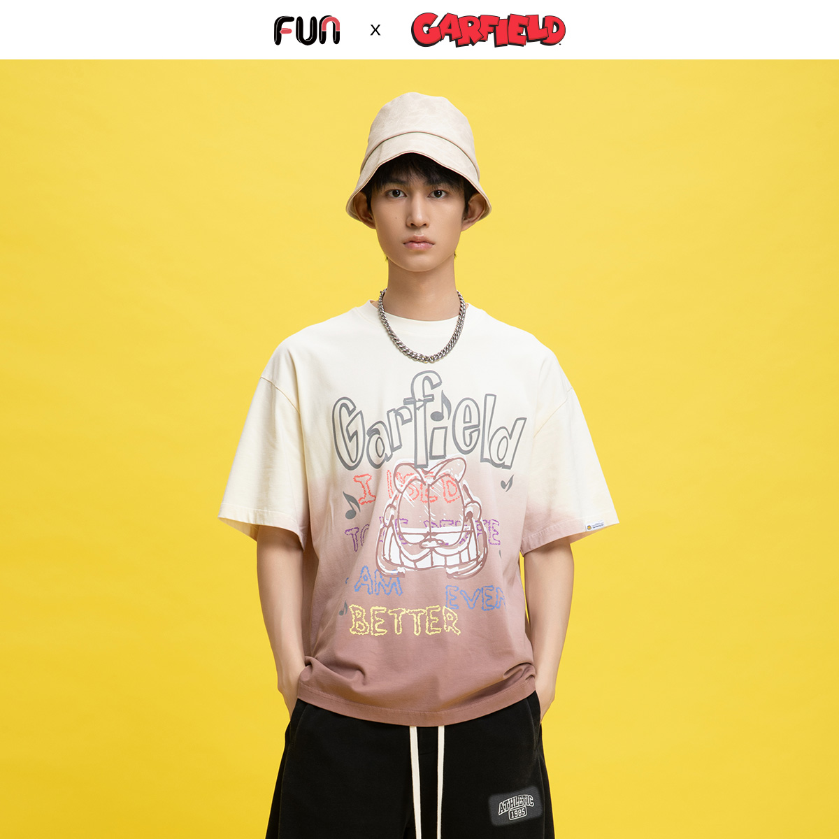 Fun2025春夏线下商场同款加菲猫联名宽松渐变大logo短袖T恤男