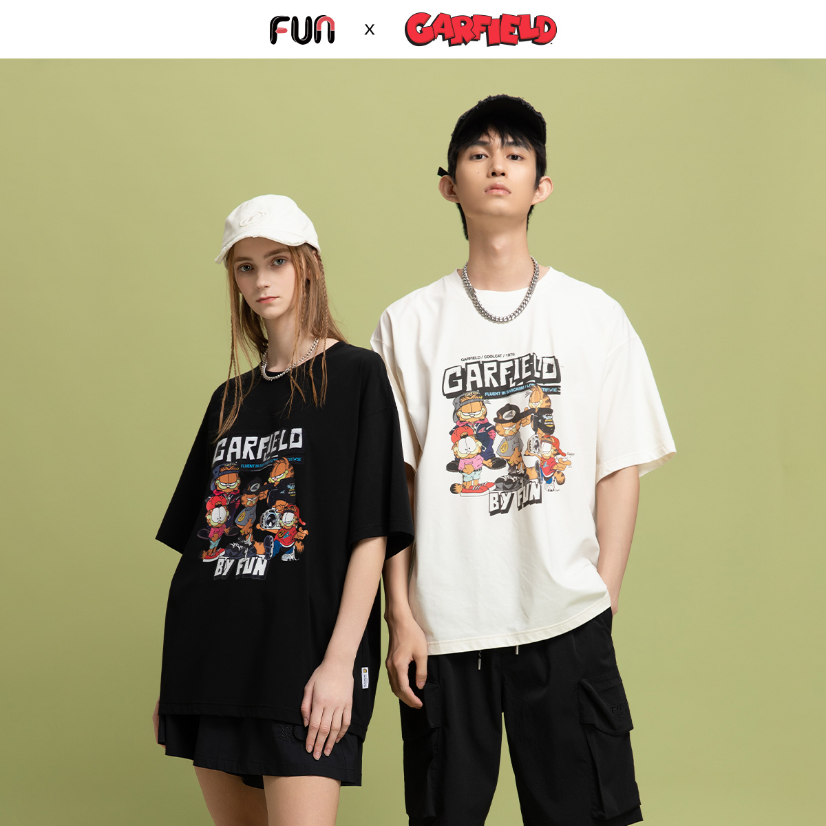 Fun2025春夏线下商场同款加菲猫联名宽松T恤前胸卡通图案短袖男