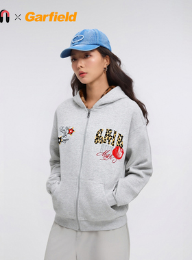 FUN潮牌连帽卫衣女灰色拉链开衫休闲时尚豹纹印花外套