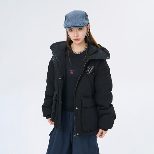 Fun2025冬季商场同款连帽宽松版90鸭绒羽绒服女字母印花外套