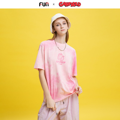 Fun2025春夏线下商场同款加菲猫联名扎染满印多色上衣T恤男女同款