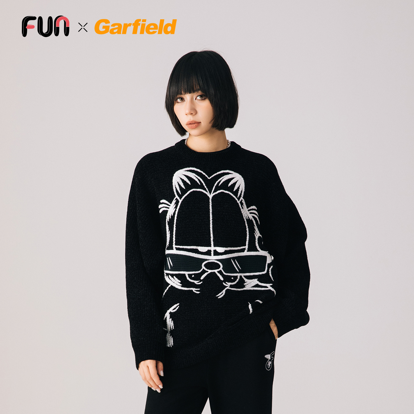 Fun2025秋冬季加菲猫联名大猫图案雪尼尔慵懒宽松长袖套头毛衣