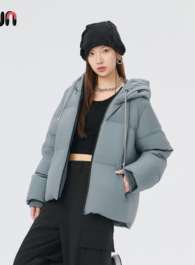 Fun2025冬季90鸭绒双色中长款加厚羽绒服女宽松版连帽面包服外套