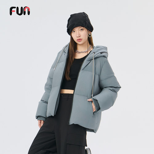 Fun2025冬季90鸭绒双色中长款加厚羽绒服女宽松版连帽面包服外套