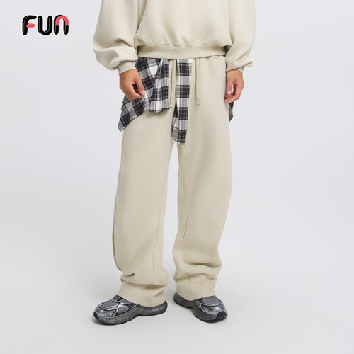Fun2025秋冬季加绒为裤子男款卫衣套装休闲弯刀运动长裤男女同款