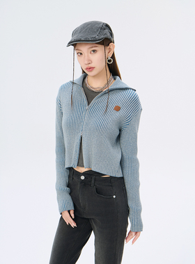 Fun商场同款时尚牛仔紧身版拉链毛衣开衫外套FMY243A0