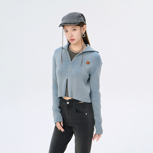 Fun商场同款时尚牛仔紧身版拉链毛衣开衫外套FMY243A0