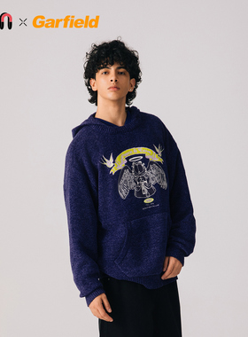 Fun美式卡通风连帽毛衣男深蓝色印花情侣款松弛感针织衫