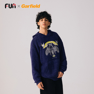 Fun美式卡通风连帽毛衣男深蓝色印花情侣款松弛感针织衫